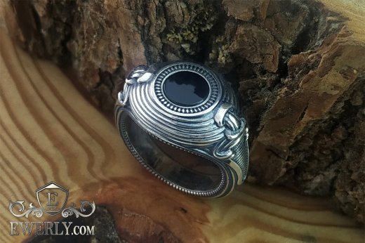 Men's silver ring with Onyx stone, фото