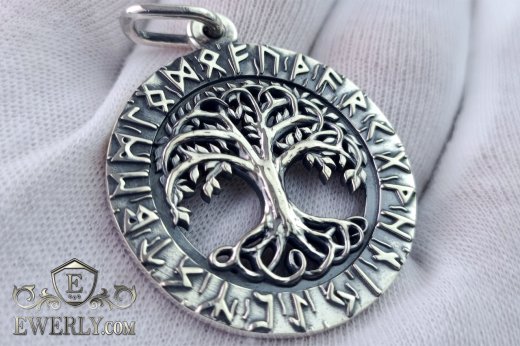 Silver pendant "Tree of Life" with runes, фото