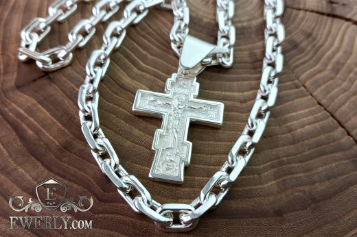 Silver anchor chain with cross, фото
